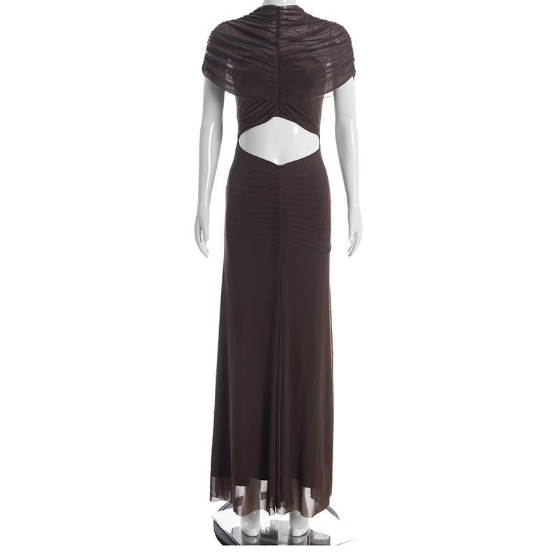 Round Neck Ruched Crop Top Tulle Paneled Long Dress