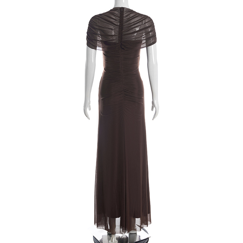 Round Neck Ruched Crop Top Tulle Paneled Long Dress