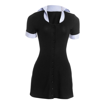 Notched Collar Short Sleeve Slim Fit Blue Striped Color-Block Midi Dress 01