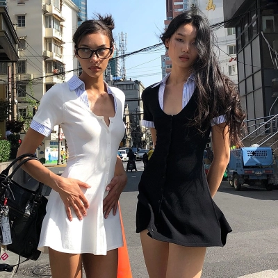 Notched Collar Short Sleeve Slim Fit Blue Striped Color-Block Midi Dress 02