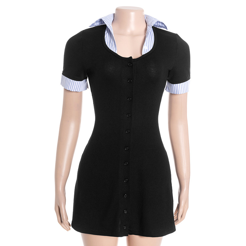 Notched Collar Short Sleeve Slim Fit Blue Striped Color-Block Midi Dress