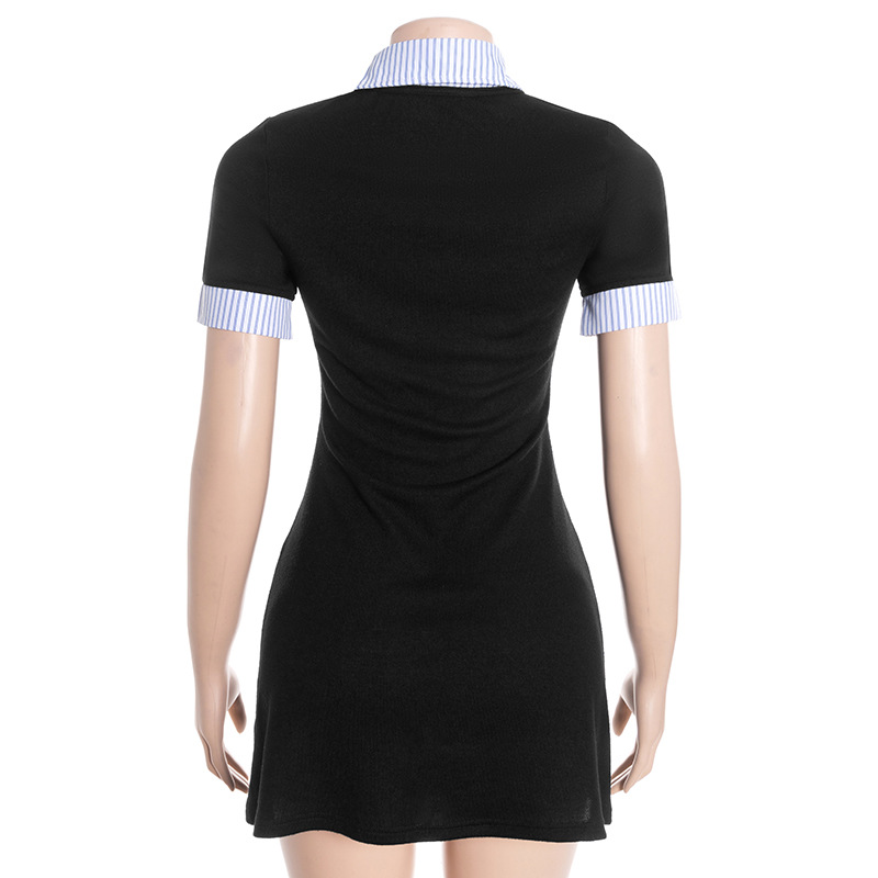 Notched Collar Short Sleeve Slim Fit Blue Striped Color-Block Midi Dress