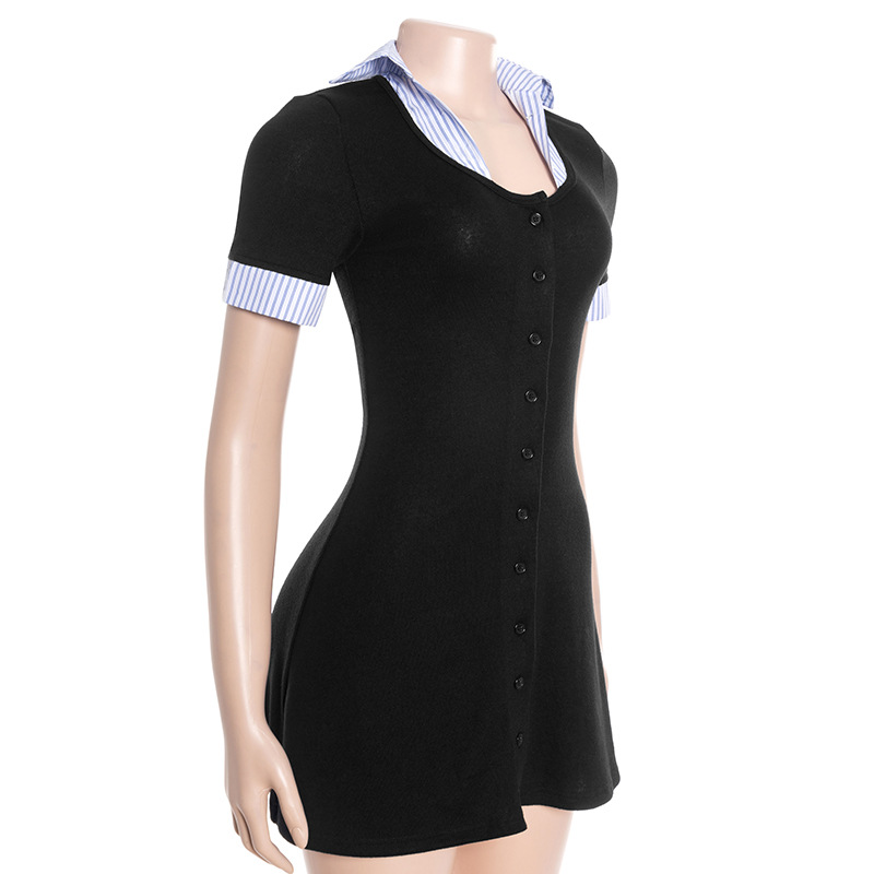 Notched Collar Short Sleeve Slim Fit Blue Striped Color-Block Midi Dress