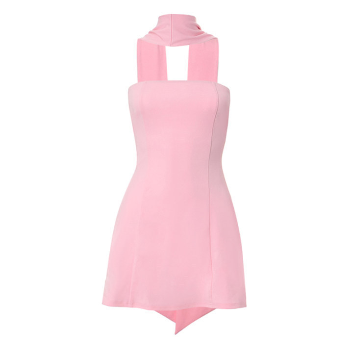 Solid Color Strapless Halter Tie Neck High Waist Slim Fit Mini Dress