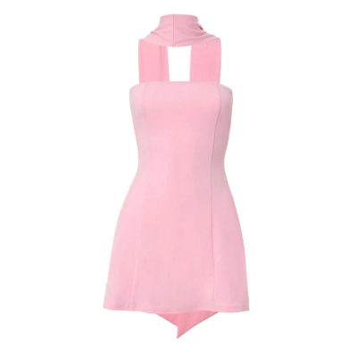 Solid Color Strapless Halter Tie Neck High Waist Slim Fit Mini Dress 01