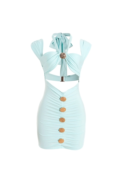 Halter Tie Square Neck Backless Ruffled Decorative Button Long Dress 01