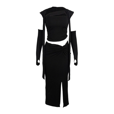 Sleeveless Strapless Crop Top + High Slit Long Maxi Skirt Two-Piece Set 01