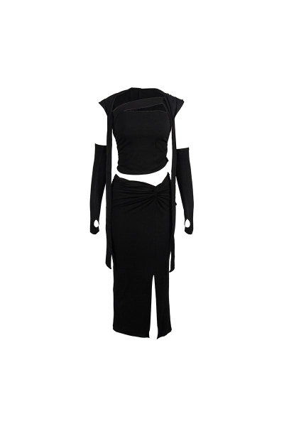 Sleeveless Strapless Crop Top + High Slit Long Maxi Skirt Two-Piece Set 01