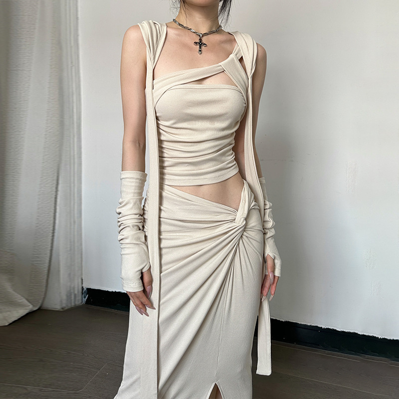 Sleeveless Strapless Crop Top + High Slit Long Maxi Skirt Two-Piece Set