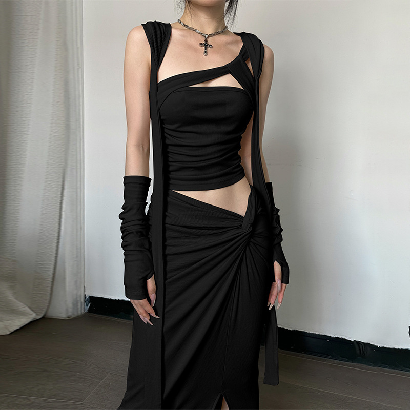 Sleeveless Strapless Crop Top + High Slit Long Maxi Skirt Two-Piece Set