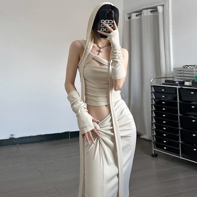 Sleeveless Strapless Crop Top + High Slit Long Maxi Skirt Two-Piece Set 02