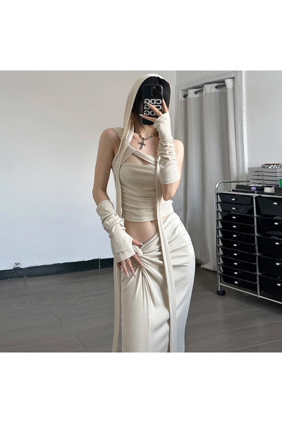 Sleeveless Strapless Crop Top + High Slit Long Maxi Skirt Two-Piece Set 02