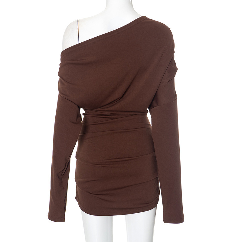 Solid Color One-Shoulder Long Sleeve High Waist Slim Fit Short Dress