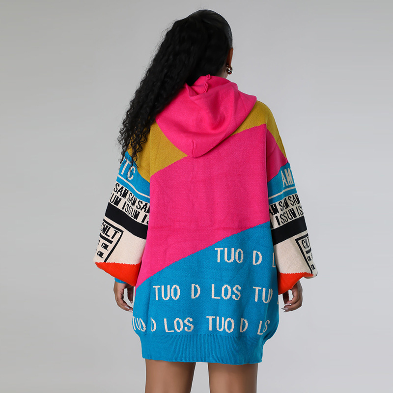 2025 Fall Winter New Women's Hooded Drawstring Long Sleeve Colorblock Letter Print Oversized Long Sweater