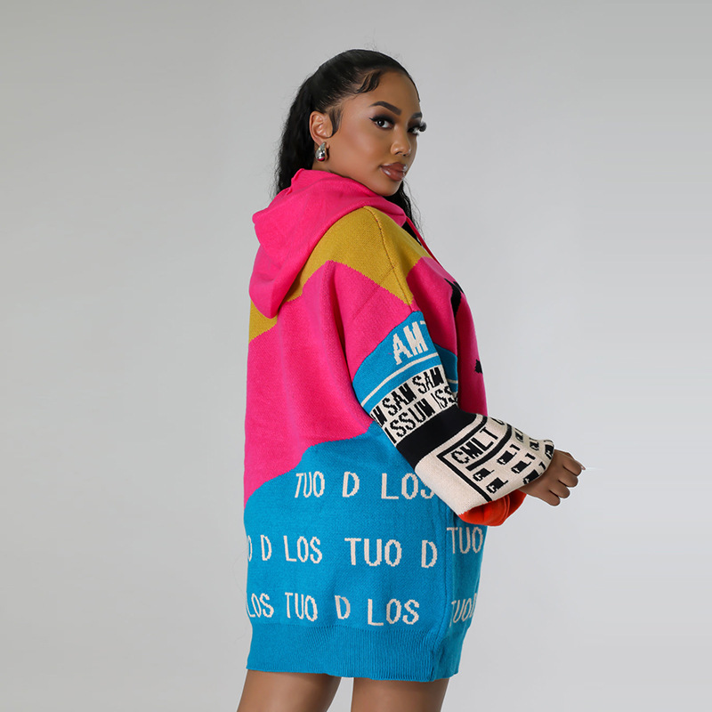 2025 Fall Winter New Women's Hooded Drawstring Long Sleeve Colorblock Letter Print Oversized Long Sweater