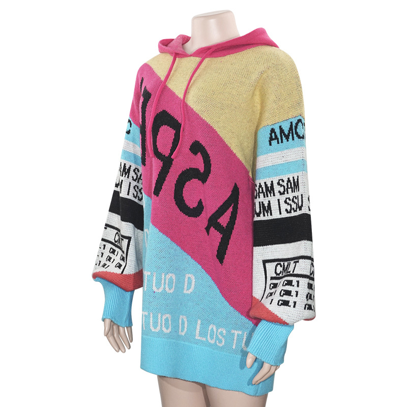 2025 Fall Winter New Women's Hooded Drawstring Long Sleeve Colorblock Letter Print Oversized Long Sweater