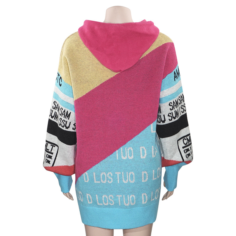 2025 Fall Winter New Women's Hooded Drawstring Long Sleeve Colorblock Letter Print Oversized Long Sweater