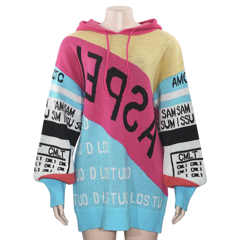 2025 Fall Winter New Women's Hooded Drawstring Long Sleeve Colorblock Letter Print Oversized Long Sweater