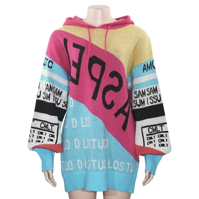 2025 Fall Winter New Women's Hooded Drawstring Long Sleeve Colorblock Letter Print Oversized Long Sweater 01