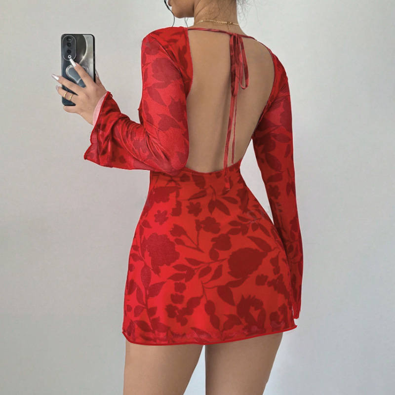 Round Neck Long Sleeve Leopard Print Tie-Back Cutout Short Dress