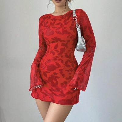 Round Neck Long Sleeve Leopard Print Tie-Back Cutout Short Dress 02