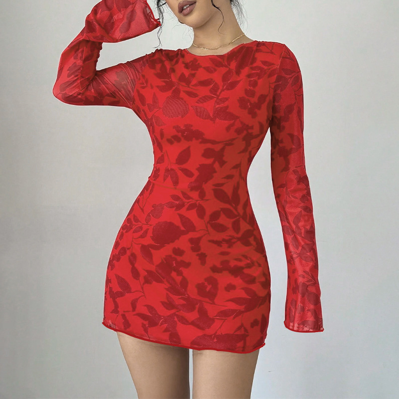 Round Neck Long Sleeve Leopard Print Tie-Back Cutout Short Dress
