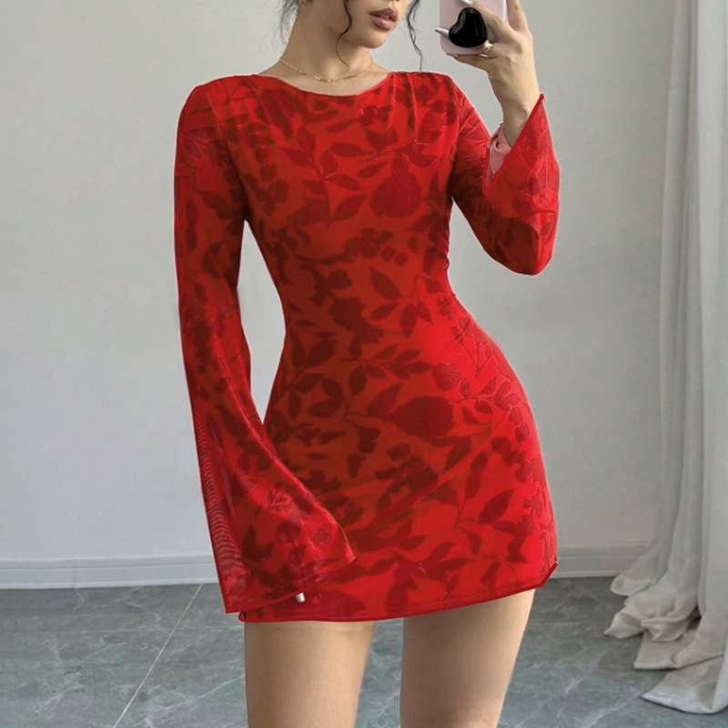 Round Neck Long Sleeve Leopard Print Tie-Back Cutout Short Dress