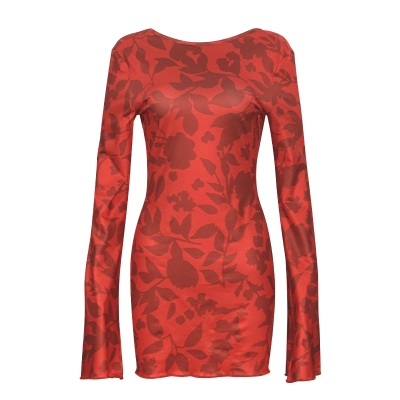 Round Neck Long Sleeve Leopard Print Tie-Back Cutout Short Dress 01