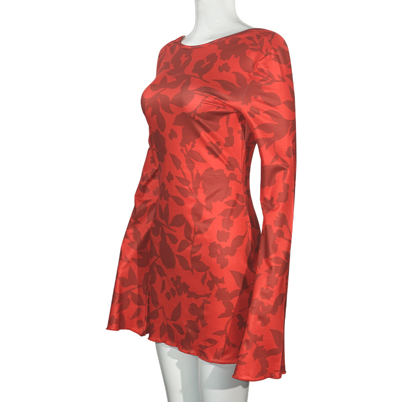 Round Neck Long Sleeve Leopard Print Tie-Back Cutout Short Dress