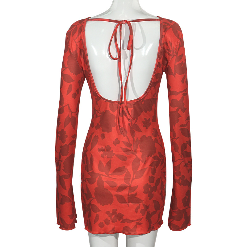 Round Neck Long Sleeve Leopard Print Tie-Back Cutout Short Dress