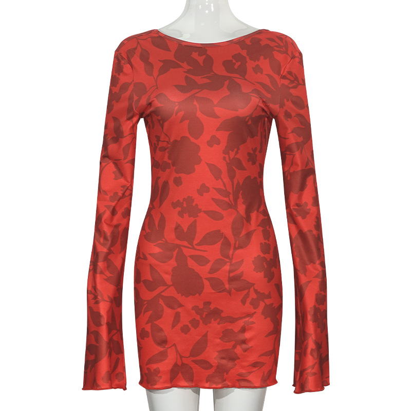 Round Neck Long Sleeve Leopard Print Tie-Back Cutout Short Dress