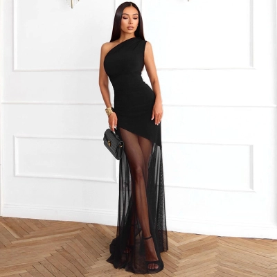 One-Shoulder Sleeveless High Waist Fitted Solid Color Tulle Mesh Panel Sheer Long Dress 02