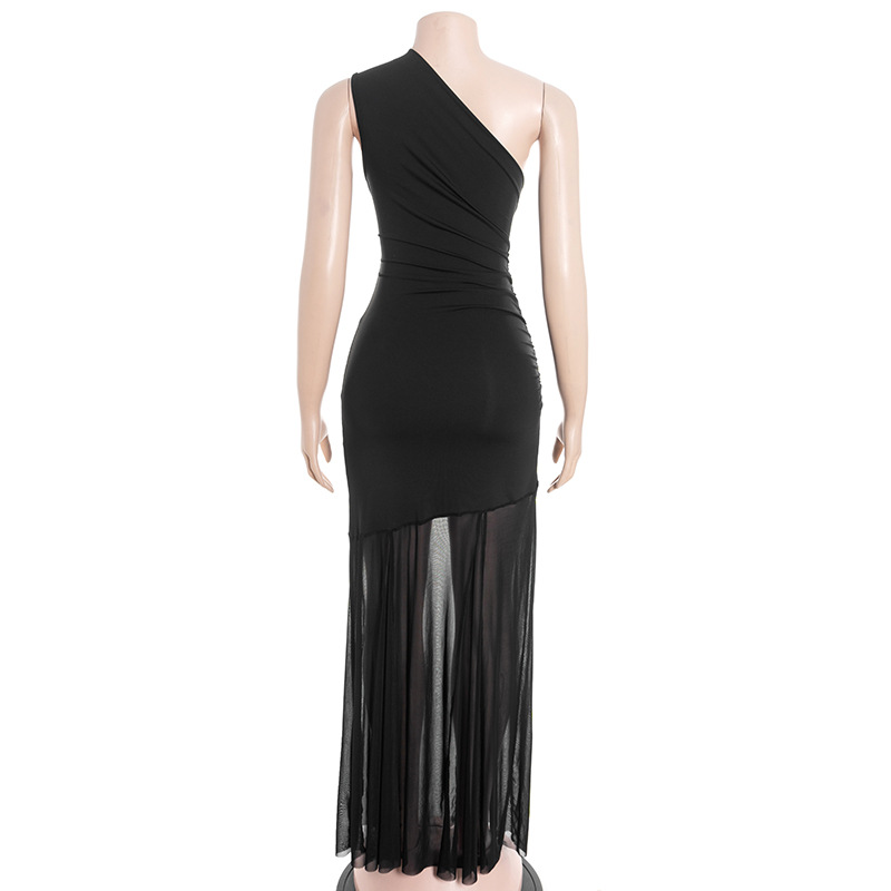 One-Shoulder Sleeveless High Waist Fitted Solid Color Tulle Mesh Panel Sheer Long Dress