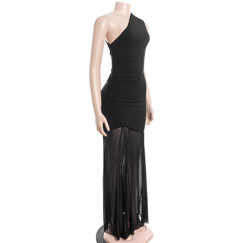One-Shoulder Sleeveless High Waist Fitted Solid Color Tulle Mesh Panel Sheer Long Dress