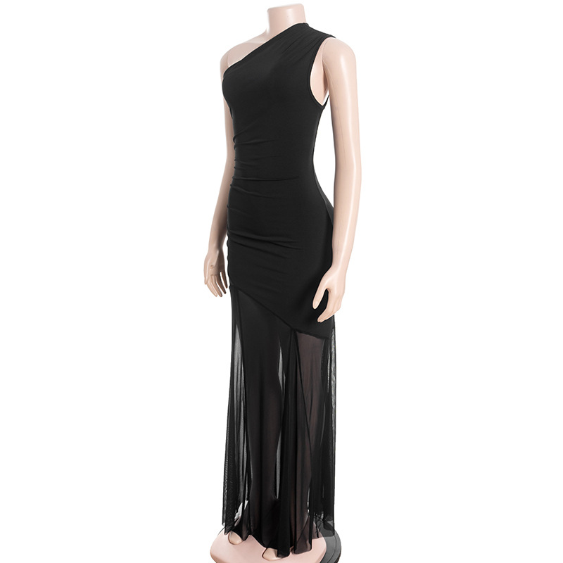 One-Shoulder Sleeveless High Waist Fitted Solid Color Tulle Mesh Panel Sheer Long Dress