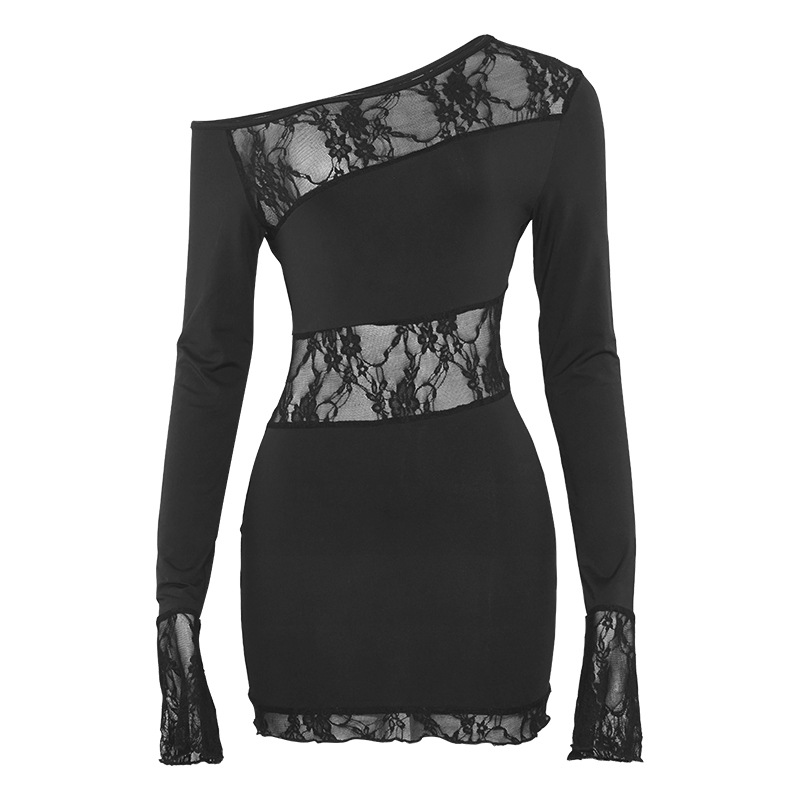 One-Shoulder Long Sleeve Lace Panel Short Bodycon Dress