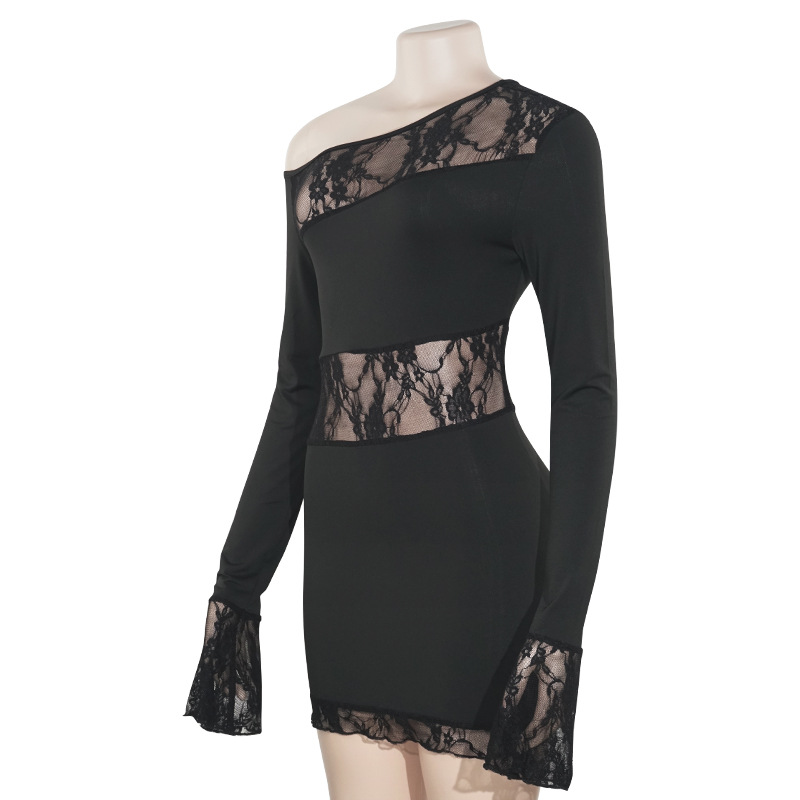 One-Shoulder Long Sleeve Lace Panel Short Bodycon Dress
