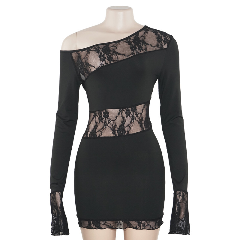 One-Shoulder Long Sleeve Lace Panel Short Bodycon Dress