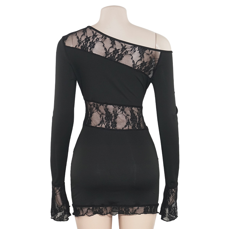 One-Shoulder Long Sleeve Lace Panel Short Bodycon Dress