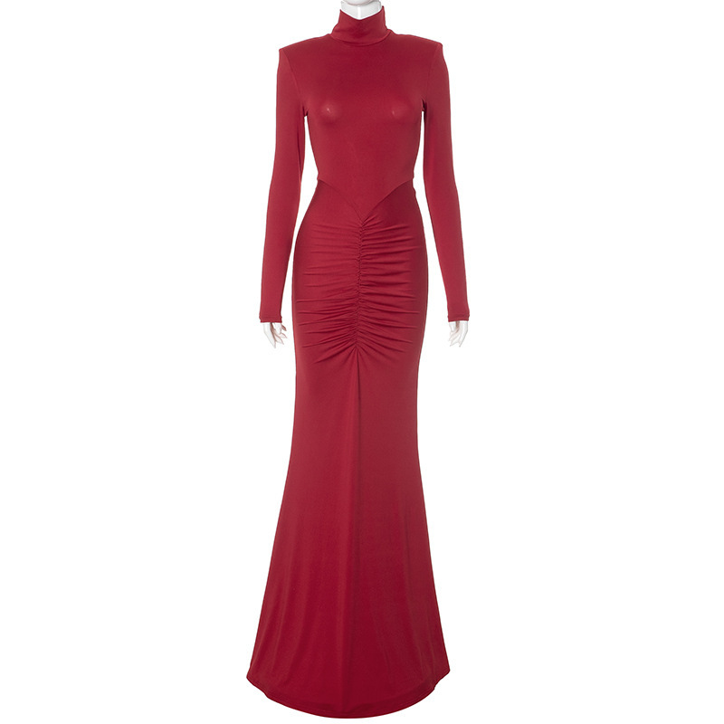 Solid Color Round Neck Long Sleeve Ruched High Waist Fitted Maxi Dress