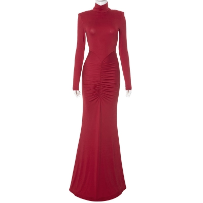 Solid Color Round Neck Long Sleeve Ruched High Waist Fitted Maxi Dress 01