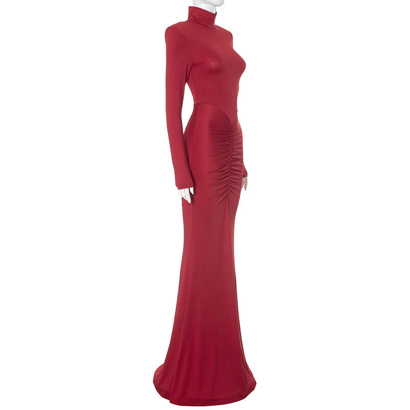 Solid Color Round Neck Long Sleeve Ruched High Waist Fitted Maxi Dress