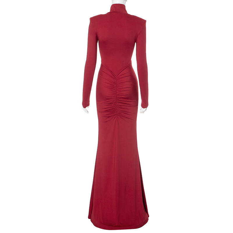 Solid Color Round Neck Long Sleeve Ruched High Waist Fitted Maxi Dress