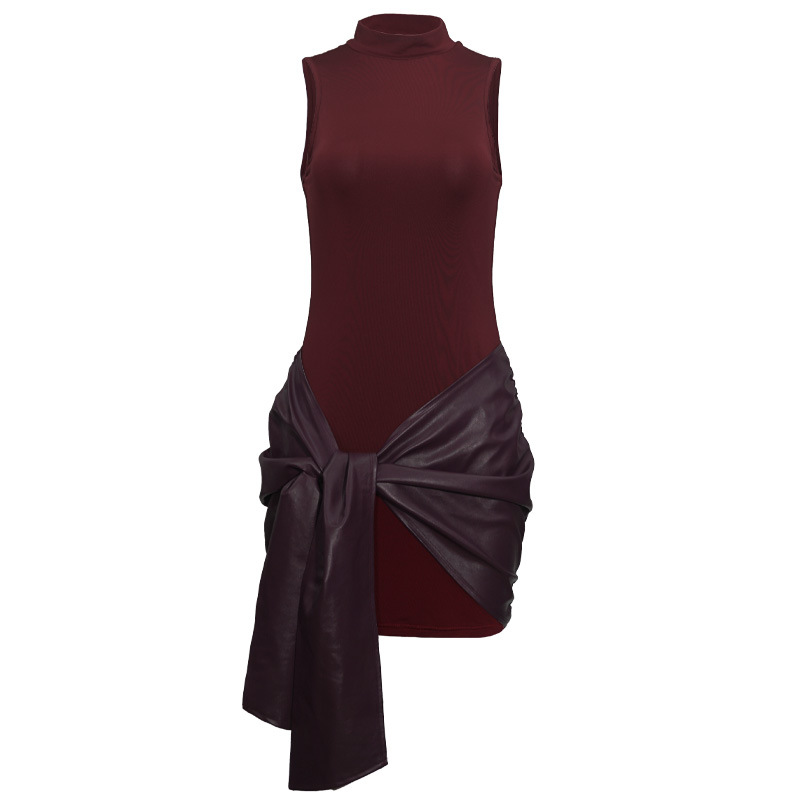 Round Neck Sleeveless Faux Leather Panel Belted Ruched Bodycon Mini Dress