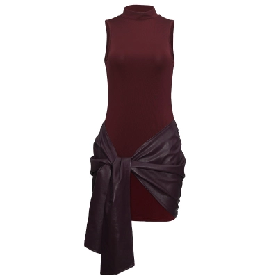 Round Neck Sleeveless Faux Leather Panel Belted Ruched Bodycon Mini Dress 01