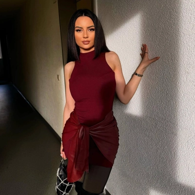 Round Neck Sleeveless Faux Leather Panel Belted Ruched Bodycon Mini Dress 02