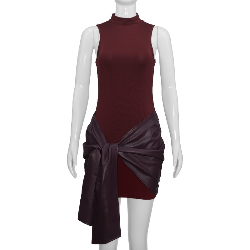 Round Neck Sleeveless Faux Leather Panel Belted Ruched Bodycon Mini Dress