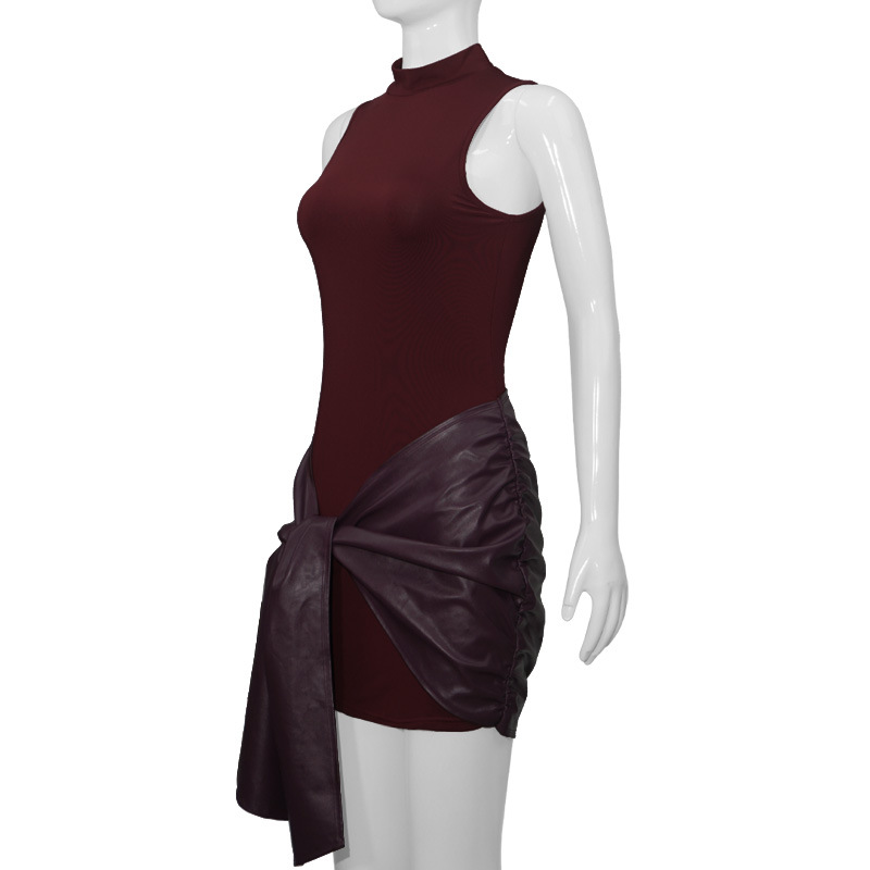 Round Neck Sleeveless Faux Leather Panel Belted Ruched Bodycon Mini Dress