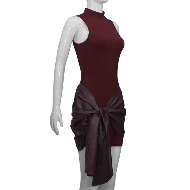 Round Neck Sleeveless Faux Leather Panel Belted Ruched Bodycon Mini Dress