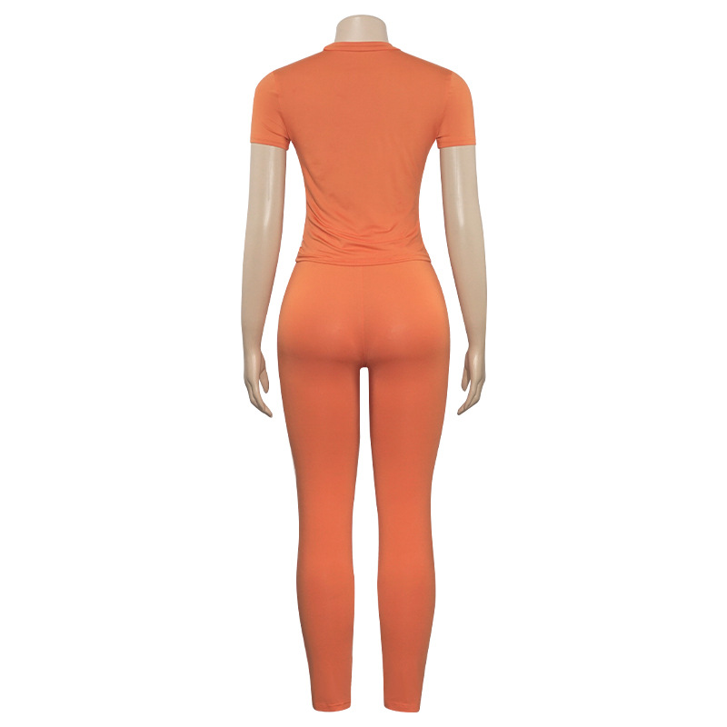 copy of Solid Color Crew Neck Short Sleeve T-Shirt and High Waist Fitted Long Pants 2-Piece Set 